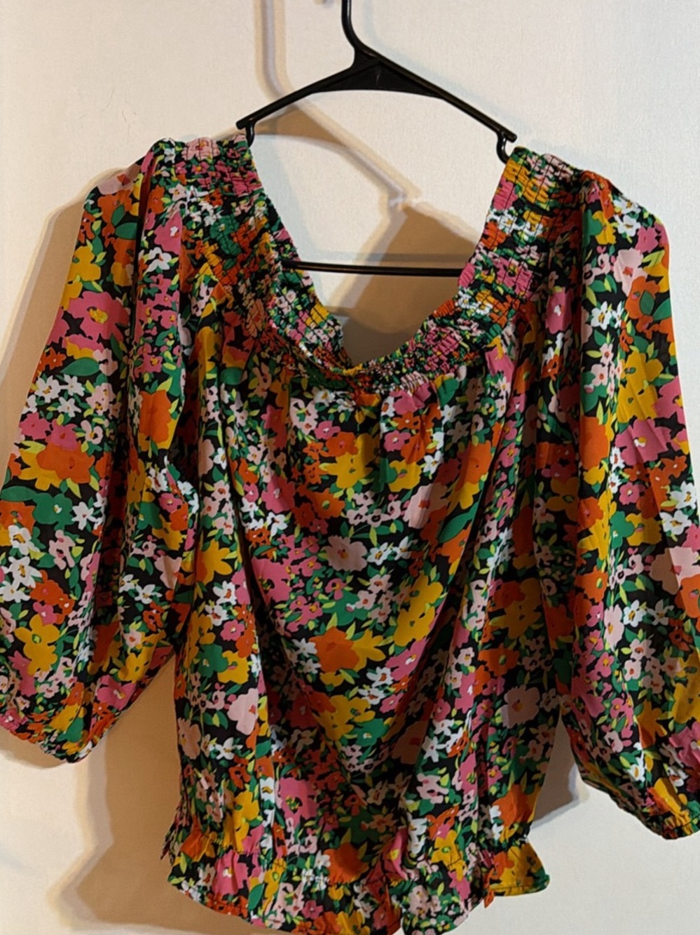 Floral Smocked Off-Shoulder Top in Pink & Green